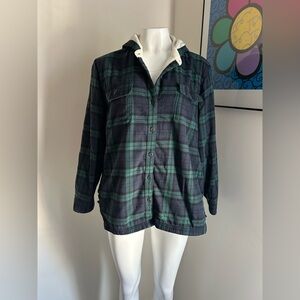LL Bean Plaid Green and Black Women's Sherpa Lined Flannel Shirt Jacket Size XL